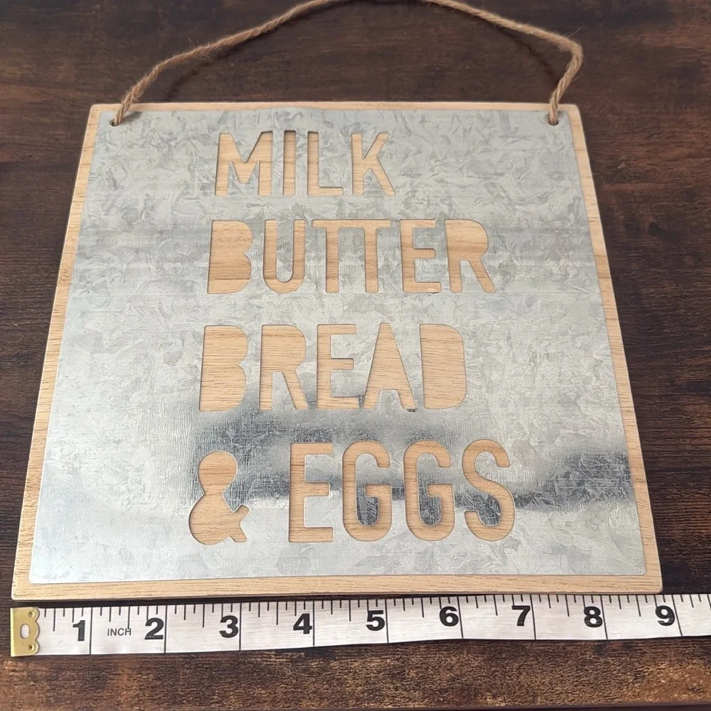 Milk Butter Bread Eggs Rustic Farmhouse Metal Wood Kitchen Wall Decor Sign Art
